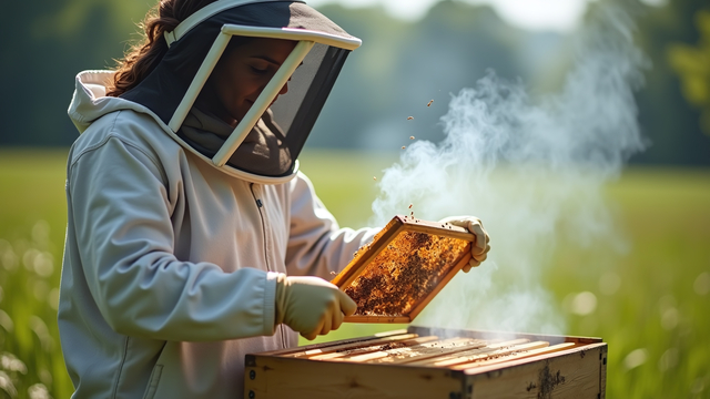 Beekeeper using leaf blower technique to extract honey from honey comb.