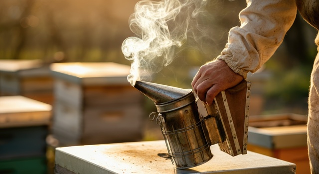 Beekeeper showcasing the smoker for the dusk harvest.