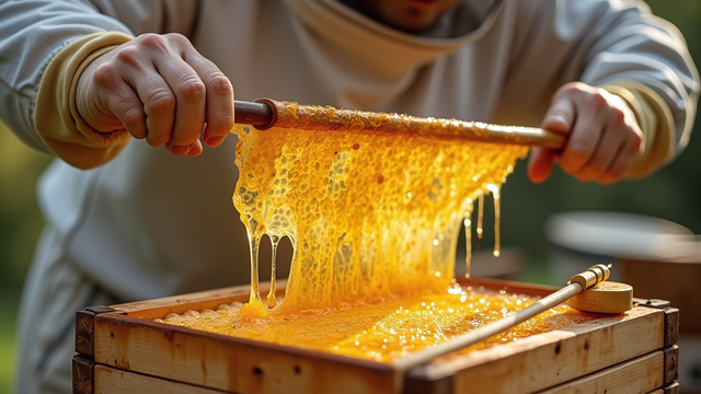 Beekeeper collecting honey after letting it melt in the sun using the solar wax melt method.