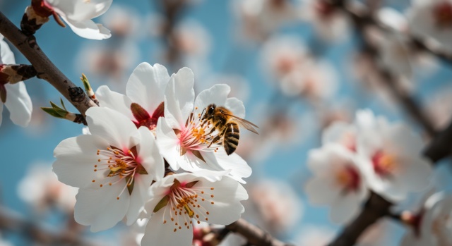 Bee on cherry blossom flower.