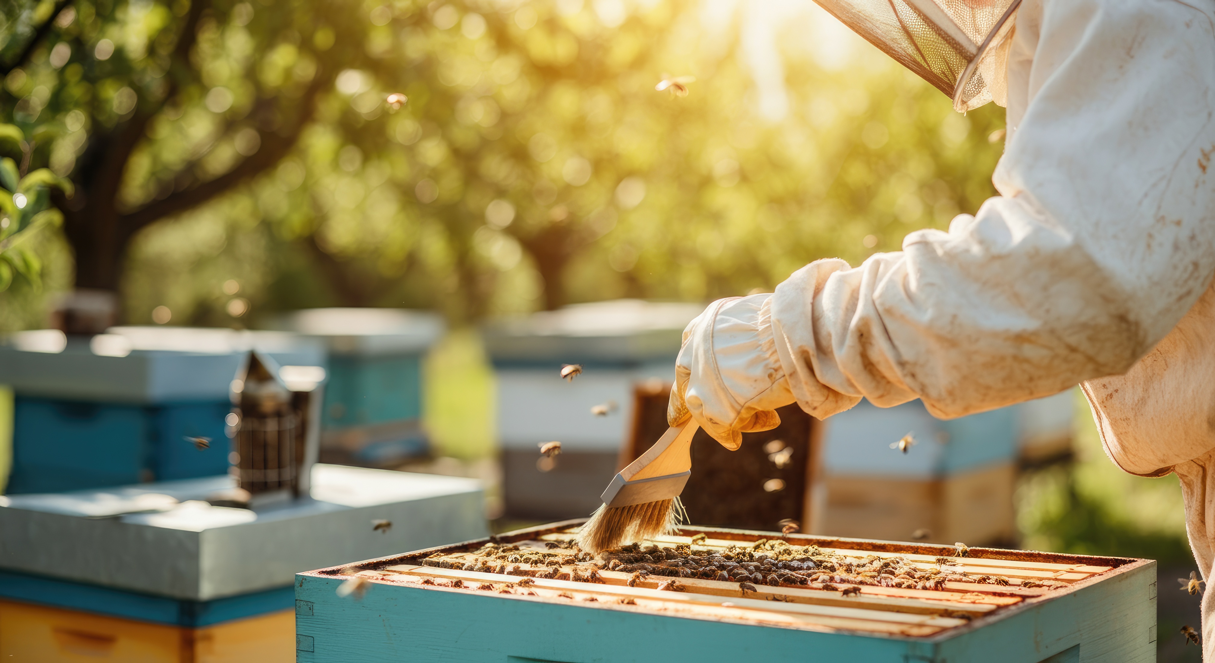 Beekeeper using brush method to safely remove bees from honey frames during harvest